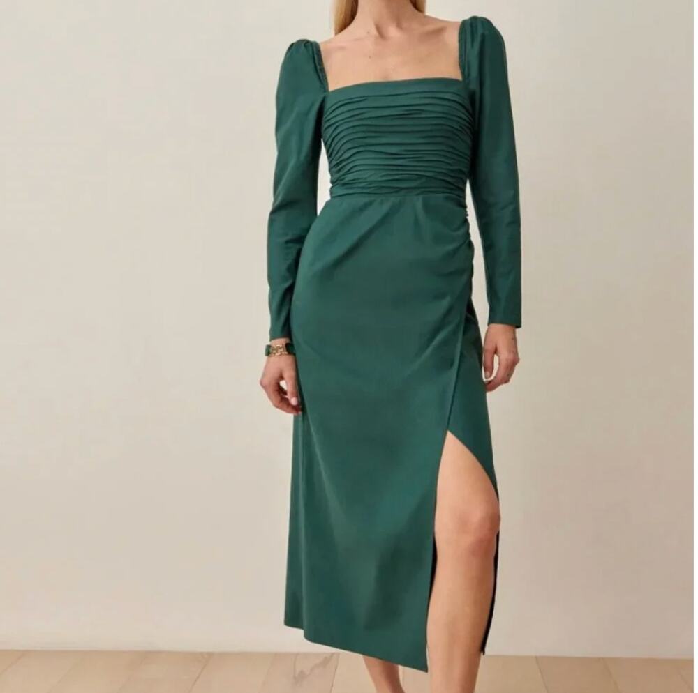 Reformation Isaac Midi Dress Puff Long Sleeve Green 0
